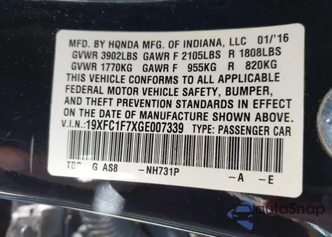 2016 Honda Civic Ex-L from USA, damaged, VIN 19XFC1F7XGE007339